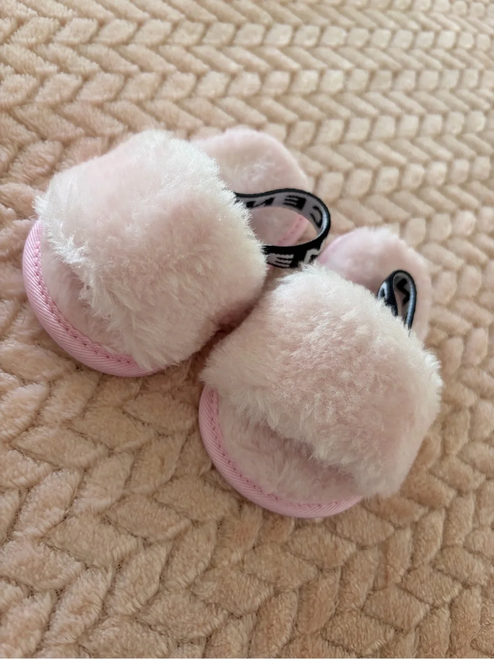 Newborn Baby Pink Fuzzy Slide Slippers with Elastic Back
